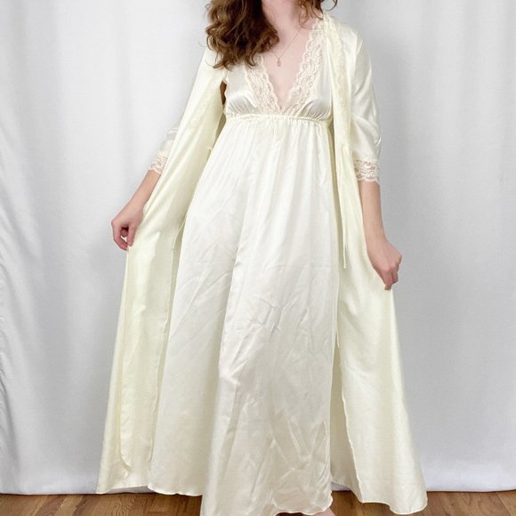 Vintage Other - Vintage Silky Nightgown Maxi Slip Dress Set House Coat Robe Mid Century Pajamas
